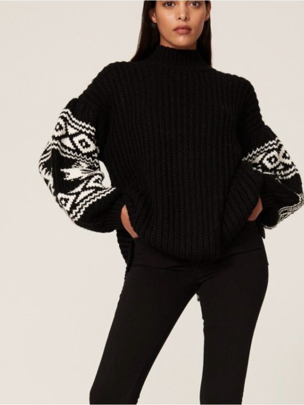 Sachin + Babi Chunky Knit Statement Sleeve Turtleneck Sweater Black Small